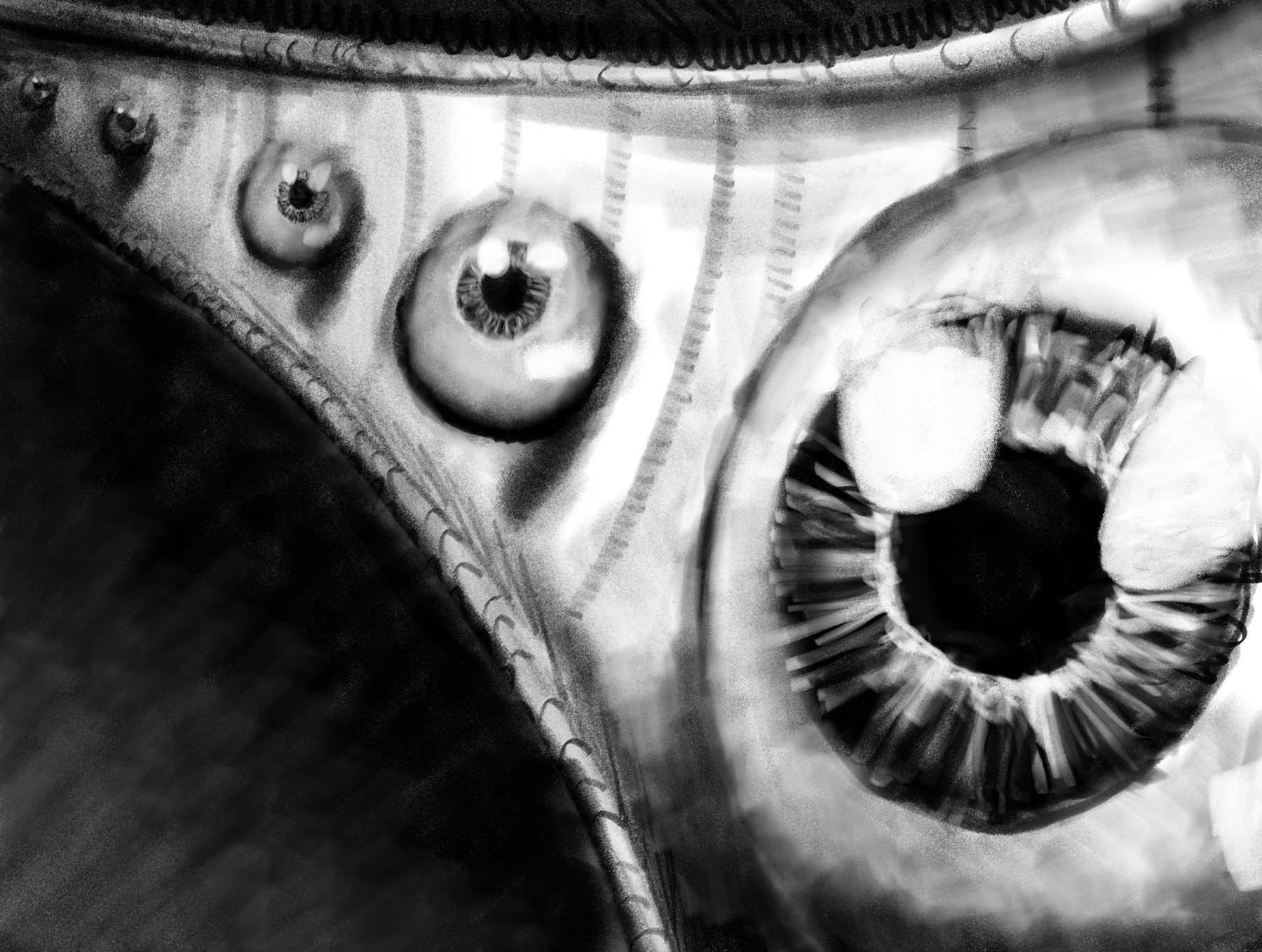Illustration from the book: a cluster of staring eyes set into a stitched, mechanical surface, one huge eye in the foreground