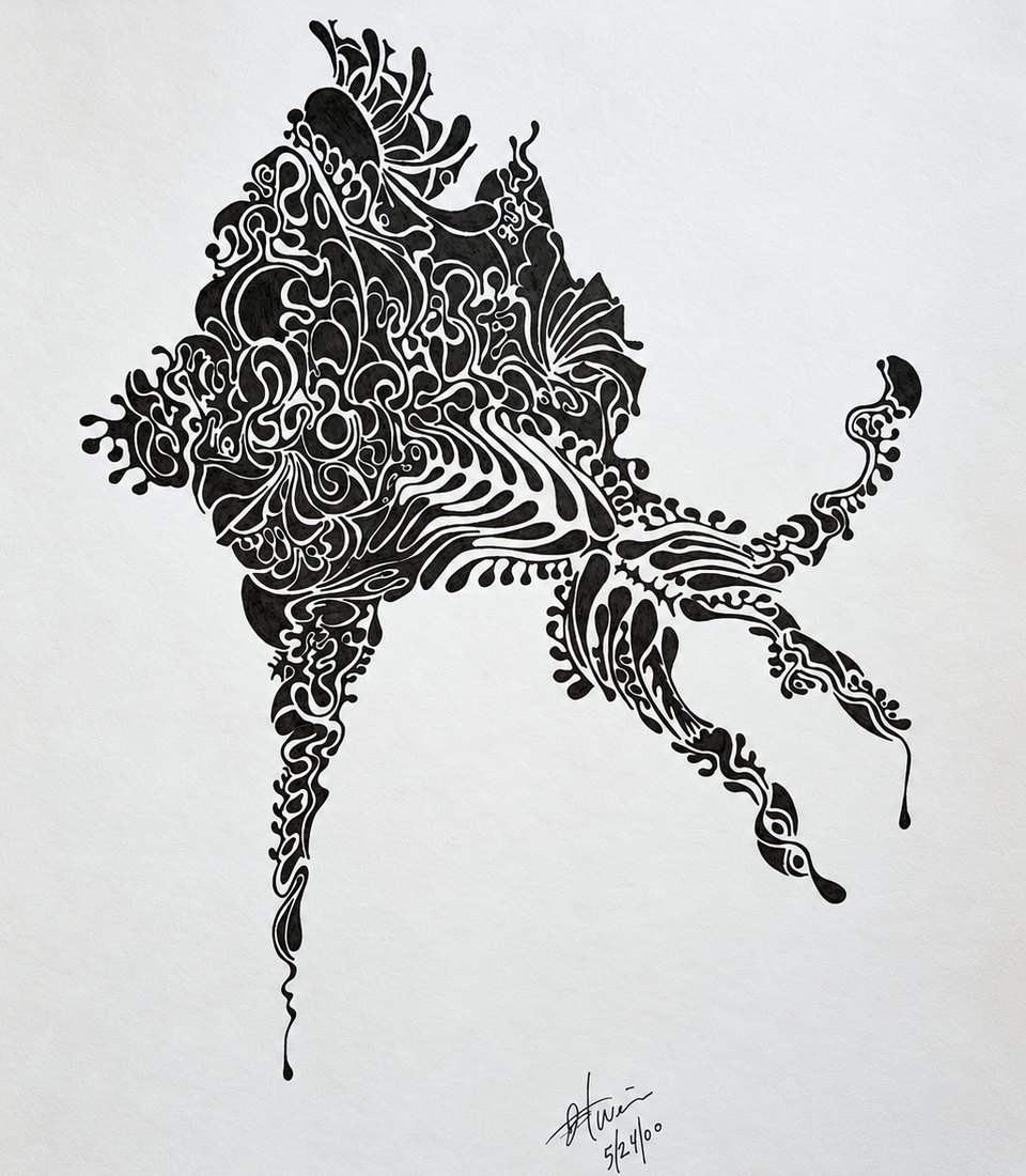 A dense black ink doodle of swirling, dripping organic shapes forming a creature-like mass, on a spiral sketchbook page signed and dated 5/24/00
