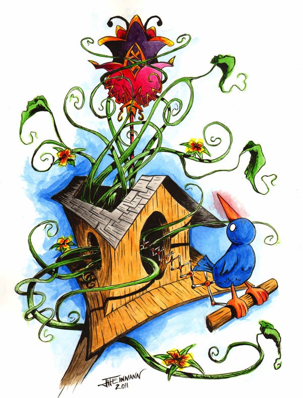 Faberge Flower: a jeweled flower bursting from a wooden birdhouse wrapped in vines, with a blue bird on the perch