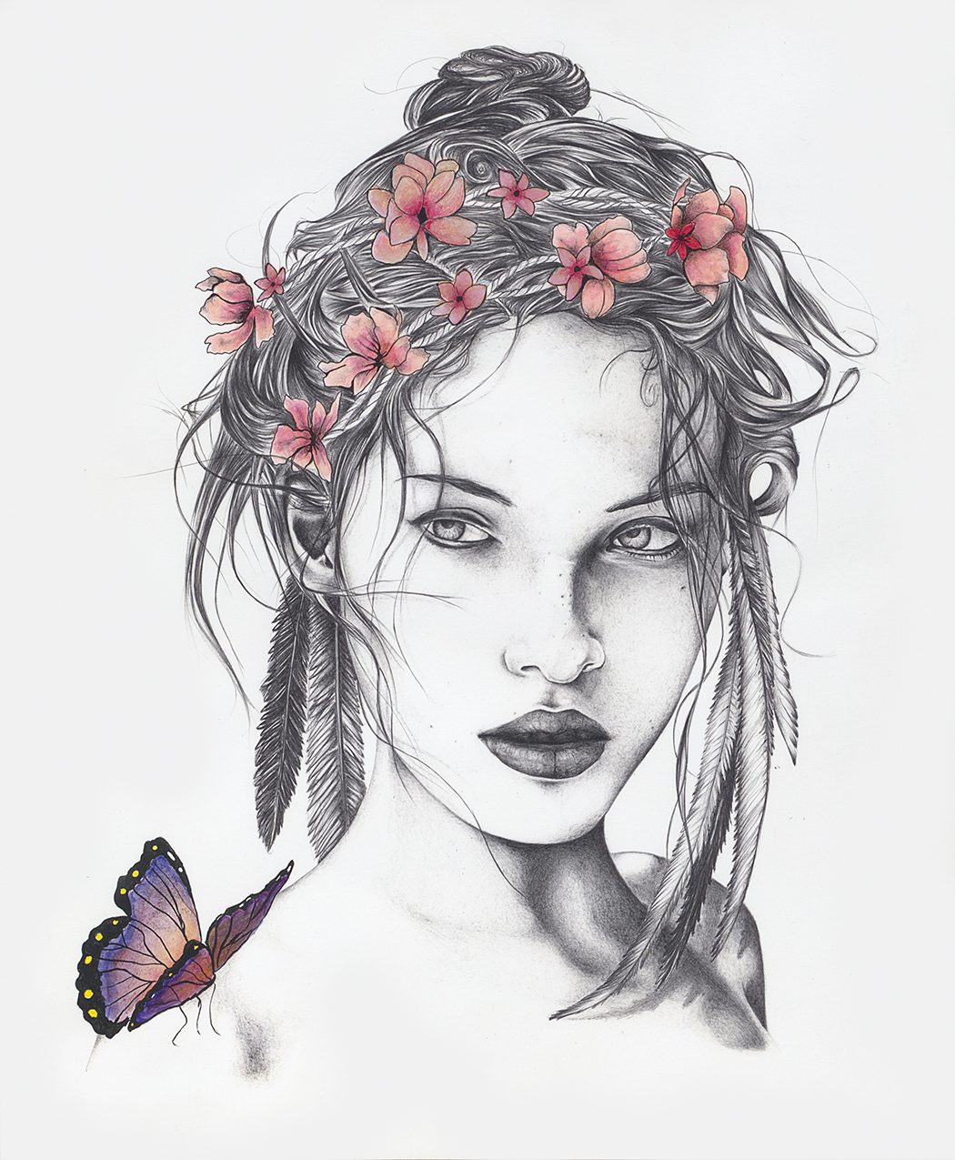 Feathers: portrait of a woman with pink flowers and feathers in her hair and a butterfly