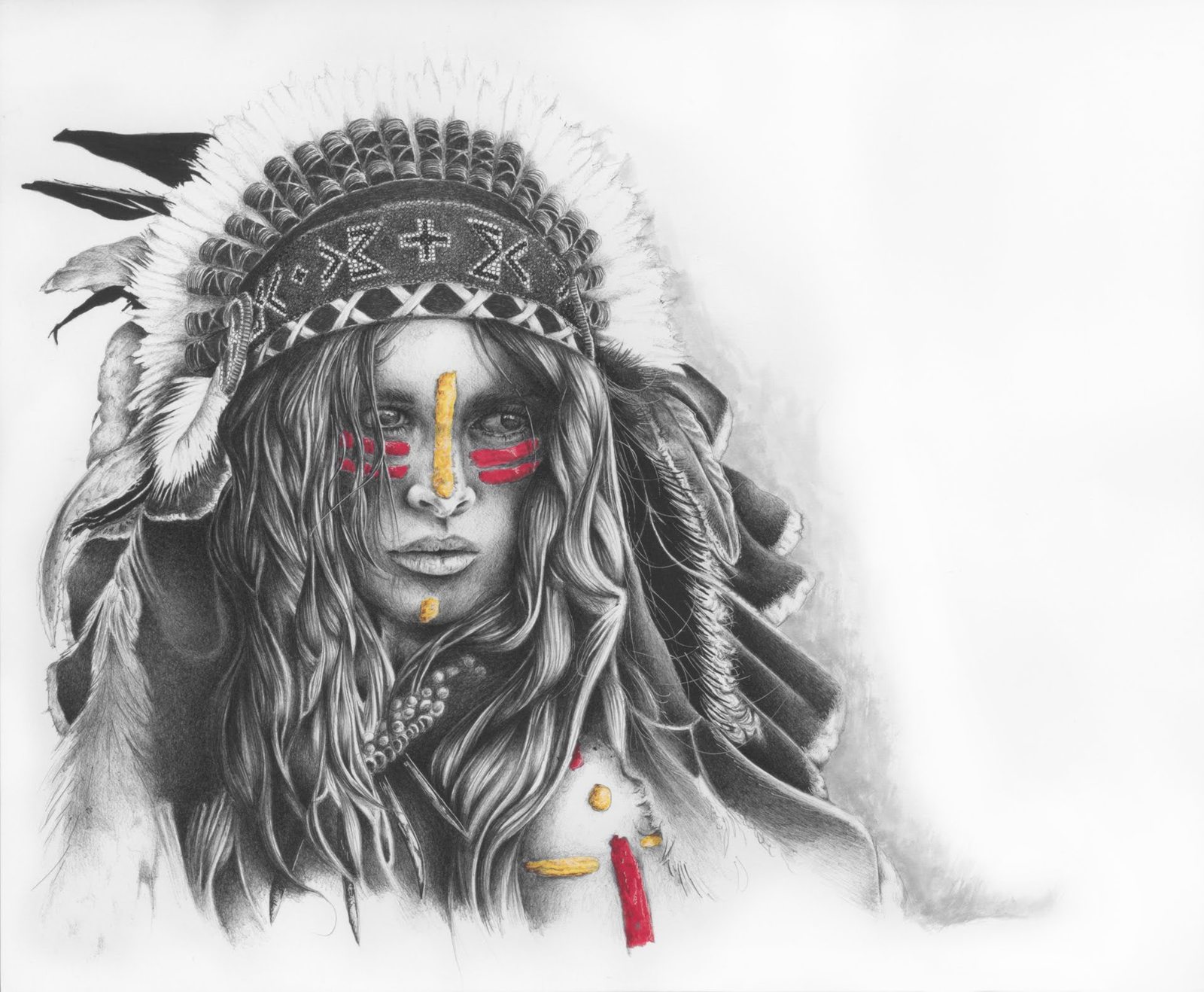 Chief: a woman in a feathered war bonnet with red and yellow face paint, drawn in fine black pen with spot color