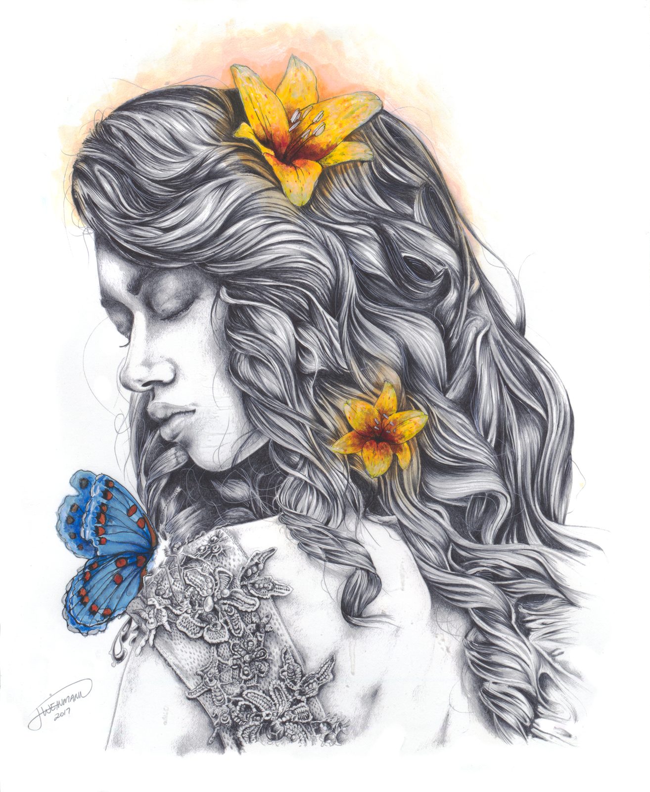 Lace: a woman with flowing hair, yellow lilies and a blue butterfly
