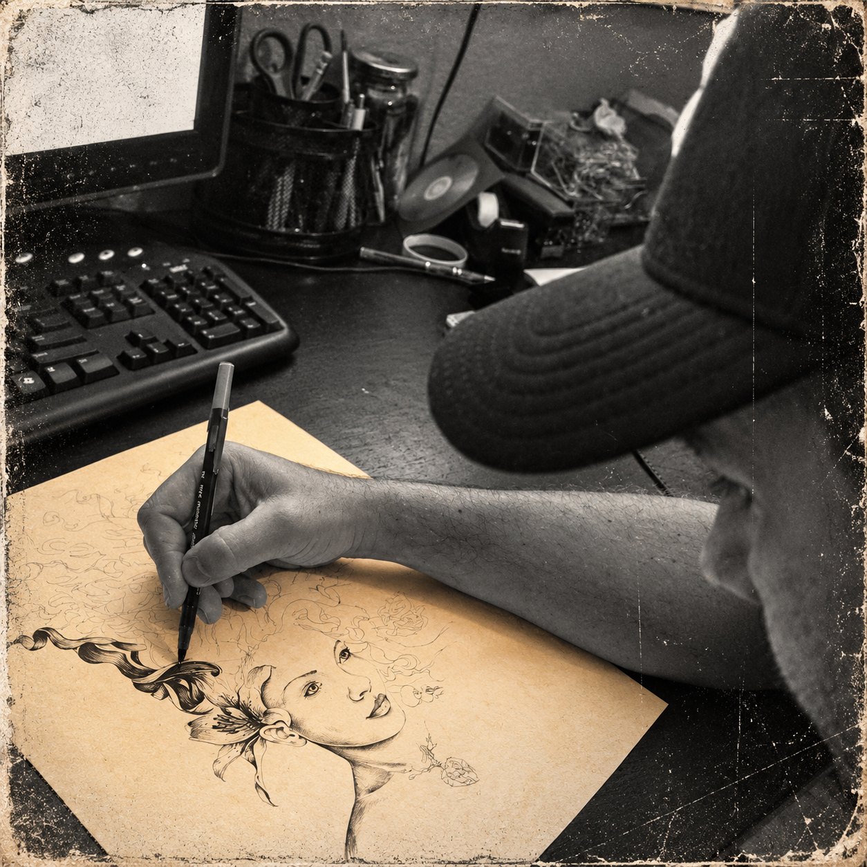 Justin in a ball cap, bent over the desk, shading a woman's portrait in Bic pen