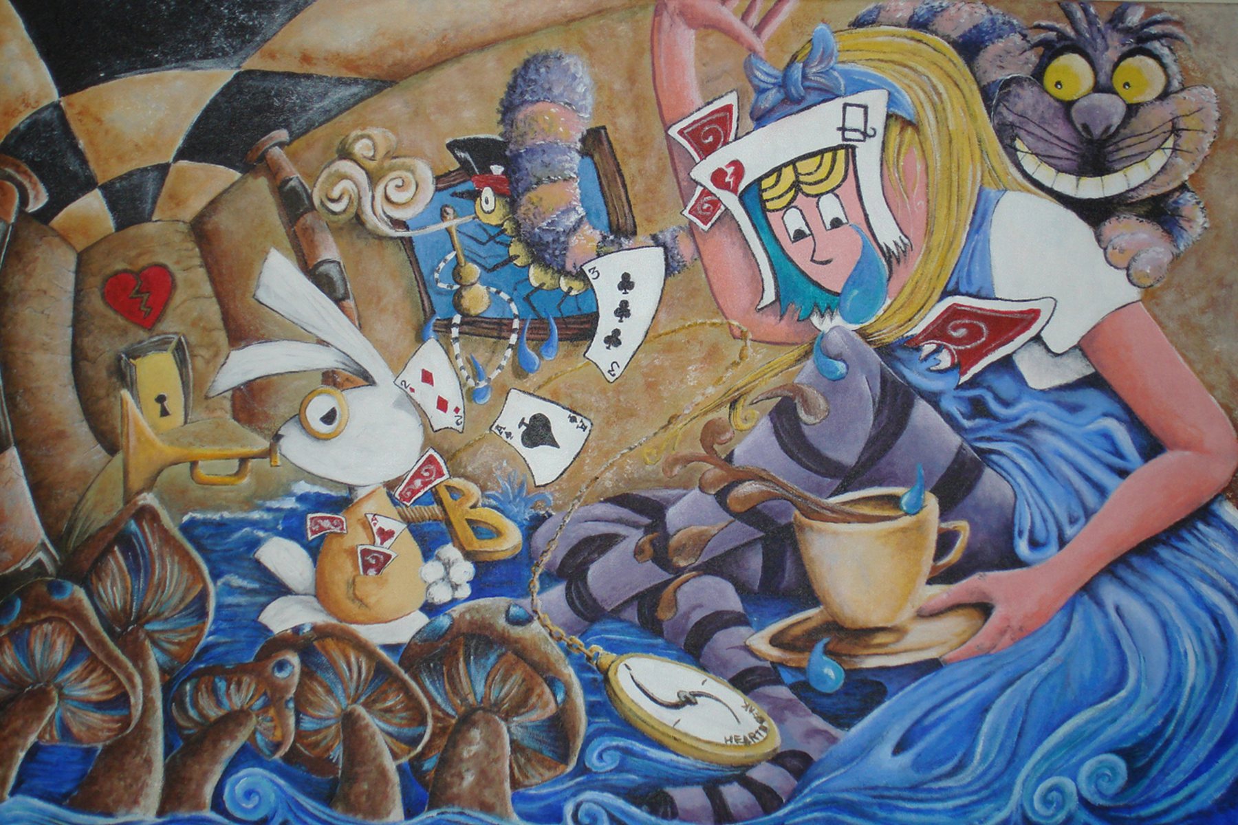 Queen of Broken Hearts: a painting of Alice in a blue dress with playing cards, the White Rabbit, the Caterpillar and the Cheshire Cat around a spilling teacup