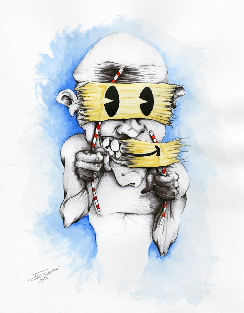 Say Cheese: a figure tying a smiley-face mask over his eyes and mouth, blue watercolor wash
