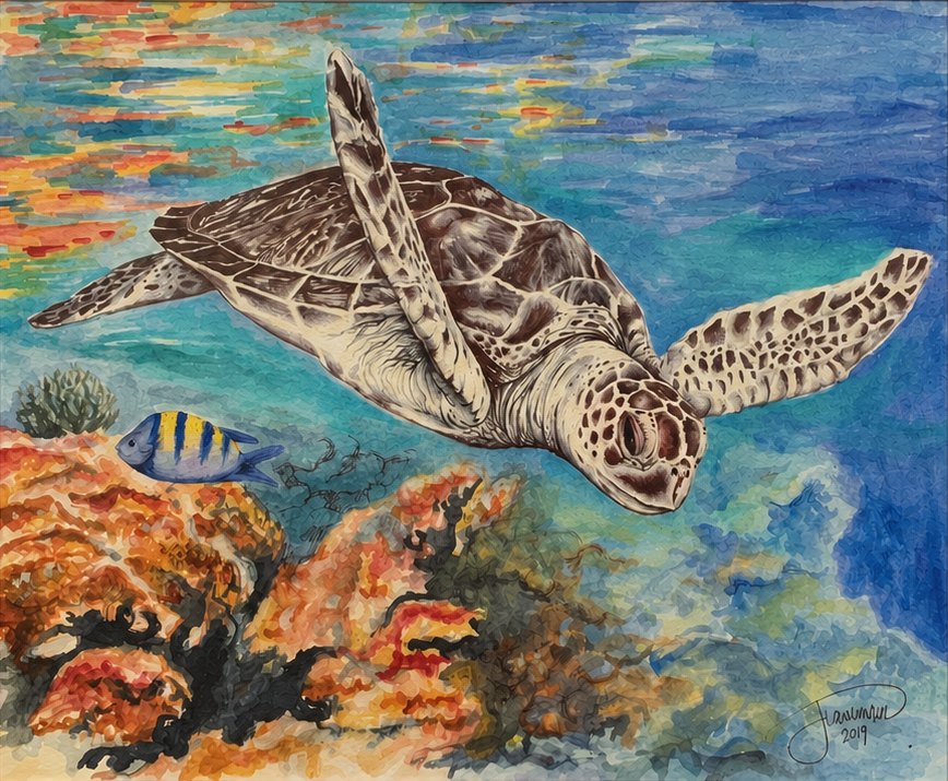 A sea turtle drawn in fine pen detail gliding over a watercolor coral reef, with a striped fish nearby