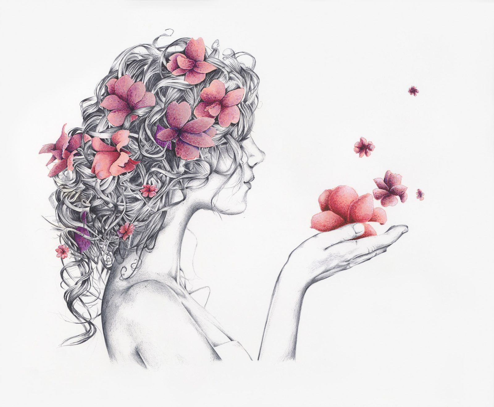 Wish: a woman with blossoms in her hair blowing pink petals from her hands